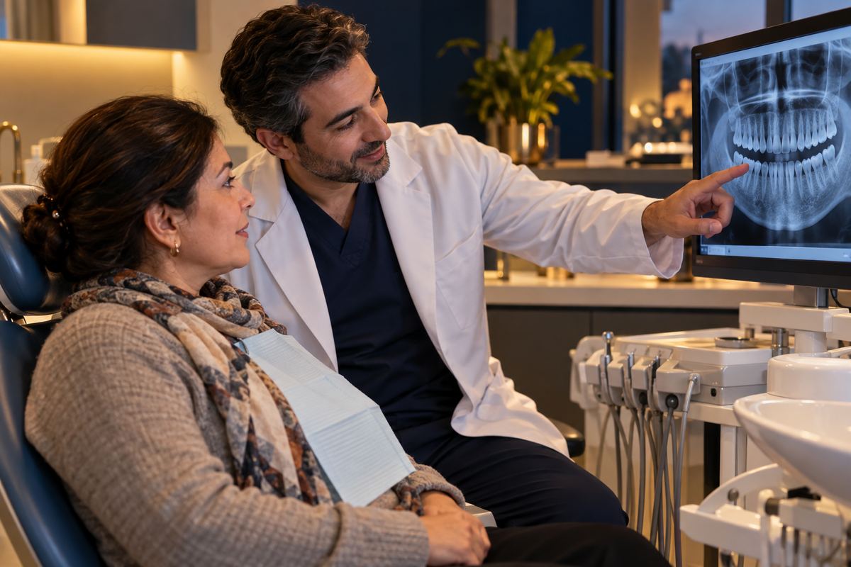A dentist explaining an X-ray to a patient